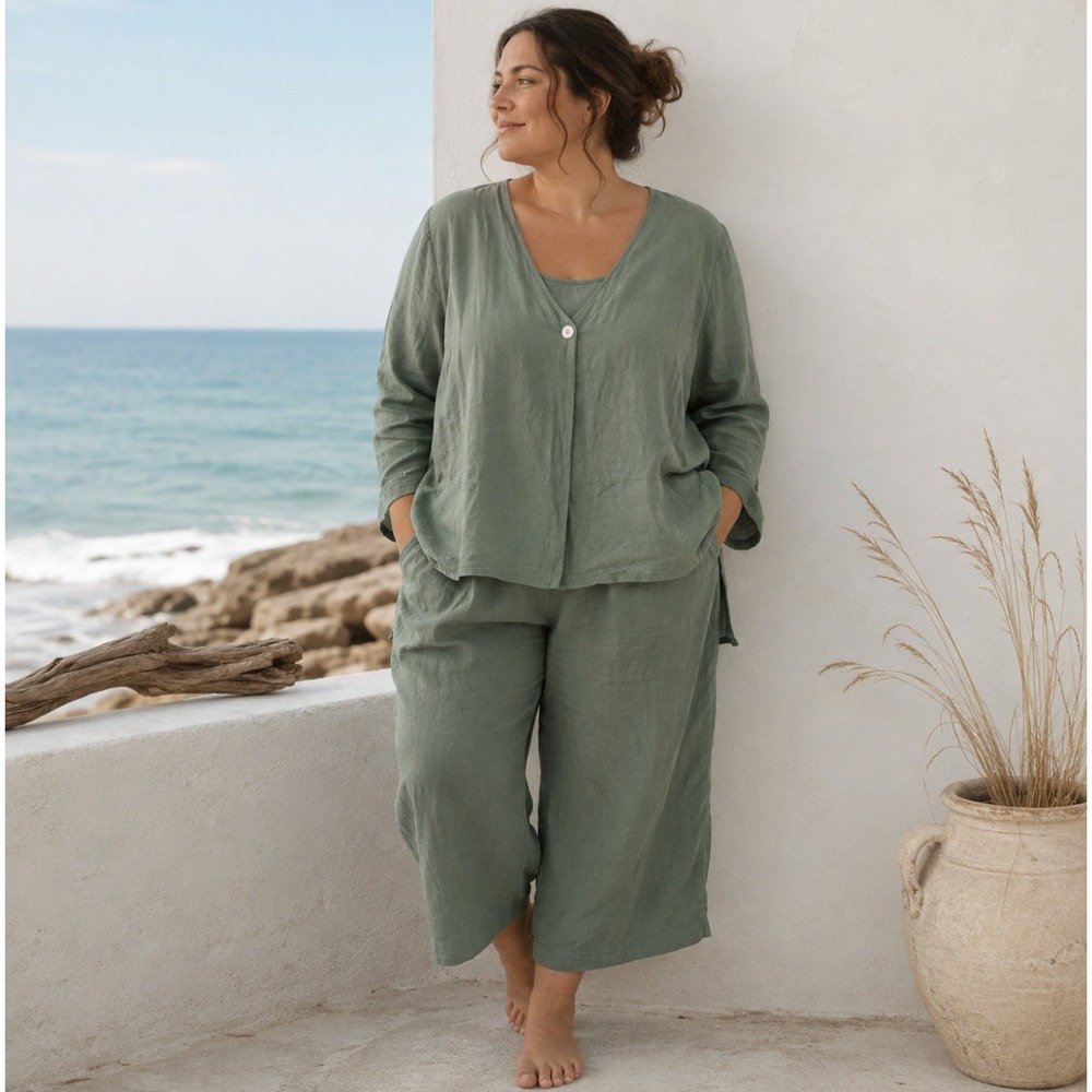 Selene Sport Silk Set Sage Green Jacket Tank Cropped Pants XL 18 Minimal Coastal